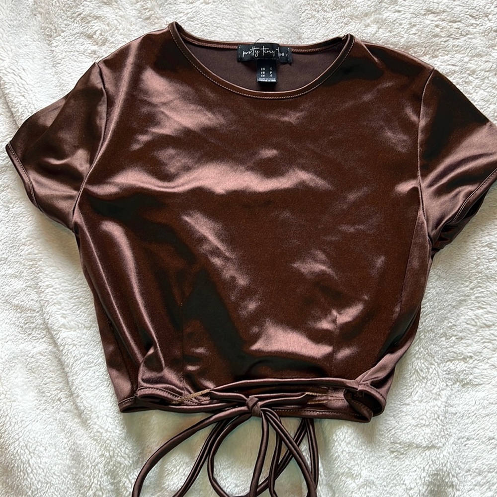brown shirt with wrap around waist strings